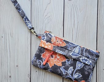 Gray + Coral Floral - Small Traveler Wristlet Zip Pouch | Blue Peach Cream On-The-Go Purse Wrist Strap Zipper Pockets | Made Under Moonlight