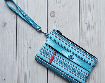 Aqua Aztec - Small Traveler Wristlet Zip Pouch | Turquoise Teal Red On-The-Go Purse | Wrist Strap Zipper Pockets | Made Under Moonlight