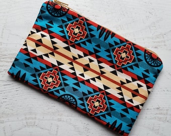 Aztec Classic Zip Pouch | Cosmetic Makeup Bag | Pencil Pen Case | Coin Purse | Teal Turquoise Tan Red Black | Made Under Moonlight