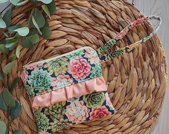 Succulents Wristlet Clutch Pouch | Money Holder Coin Purse Card Holder | Wrist Strap Zip Pouch | Daily Essentials Bag | Made Under Moonlight