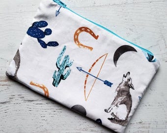 Coyote Desert Classic Zip Pouch | Cosmetic Makeup Bag | Pencil Pen Case | Cactus Horseshoe Arrow | White Blue Gold | Made Under Moonlight