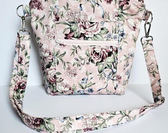 Pink Floral Bouquet Everyday Crossbody Purse | Lightweight Washable Fabric Bag Adjustable Strap Zipper Closure Pockets Fast Free Shipping US