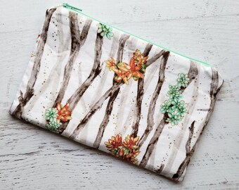 Orange + Mint Succulents on Wood Classic Zip Pouch | Cosmetic Makeup Bag | Pencil Pen Case | Green Mint Plants | Made Under Moonlight