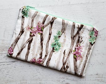 Purple + Mint Succulents on Wood Classic Zip Pouch | Cosmetic Makeup Bag | Pencil Pen Case | Green Mint Plants | Made Under Moonlight