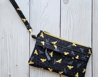 Bees - Small Traveler Wristlet Zip Pouch | Black Gray Yellow Gold Bee On-The-Go Purse | Wrist Strap Zipper Pockets | Made Under Moonlight