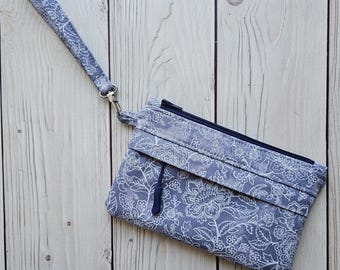Blue Floral - Small Traveler Wristlet Zip Pouch | Blue Gray White Cream On-The-Go Purse | Wrist Strap Zipper Pockets | Made Under Moonlight