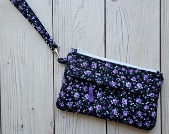 Navy + Purple Floral - Small Traveler Wristlet Zip Pouch | Green White On-The-Go Purse | Wrist Strap Zipper Pockets | Made Under Moonlight