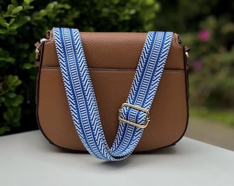 Bright Blue & White Stripe Patterned Guitar Purse Strap, Chevron Adjustable Crossbody Phone Handbag, Woven Phone Bag Sling Replacement