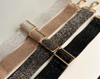 Sparkle Rhinestone Crossbody Guitar Purse Bag Strap, Shiny Gold Diamond White Black Pewter Gemstone Handbag Replacement, Crystal Phone Strap