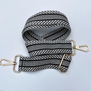 ブラックホワイトストライプのシェブロン柄ギターパースストラップ、シェブロン調節可能クロスボディ携帯ハンドバッグ、織り携帯バッグスリング交換品