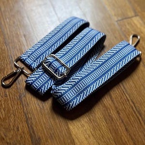 Bright Cobalt Blue & White Chevron Guitar Purse Strap, Adjustable Crossbody Bag Replacement, gold hardware