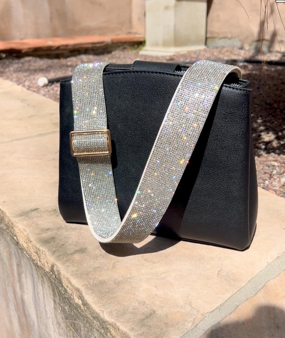 Diamond White Rhinestone Crossbody Guitar Purse Bag Strap, Shiny Gold Sparkle Black Pewter Gemstone Handbag Replacement, Crystal Phone Strap