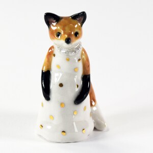 Little red fox figurine wearing a white dress with gold spots ceramic figurine sculpture ooak fox totem image 4