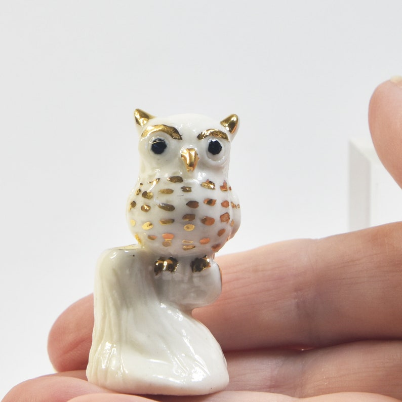 Miniature ceramic owl figurine with 24k gold trim, hand sculpted by Anita Reay bird image 8