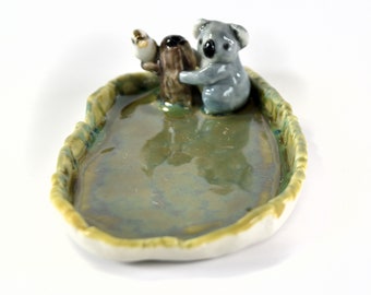 Hand formed koala incense holder dish, pinch pot - Australian pottery by Anita Reay