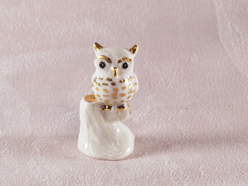 Miniature ceramic owl figurine with 24k gold trim, hand sculpted by Anita Reay bird image 1