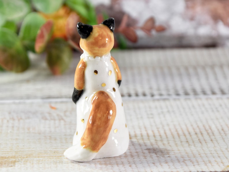 Little red fox figurine wearing a white dress with gold spots ceramic figurine sculpture ooak fox totem image 8