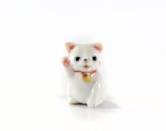 Lucky Cat figurine, miniature ceramic cat by Anita Reay /cute white cat figurine for luck /miniature ceramic cat figurine with 24k gold trim