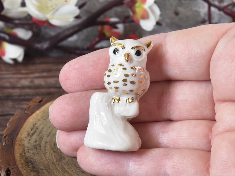 Miniature ceramic owl figurine with 24k gold trim, hand sculpted by Anita Reay bird image 4