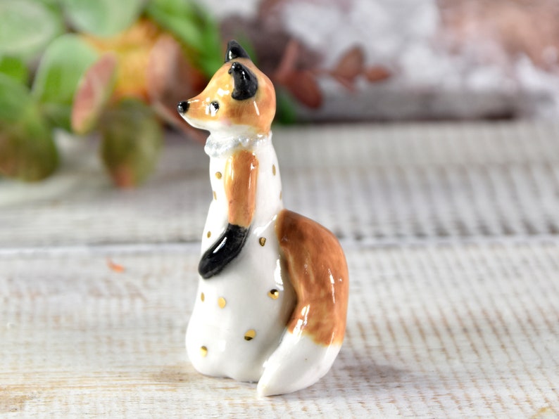 Little red fox figurine wearing a white dress with gold spots ceramic figurine sculpture ooak fox totem image 6