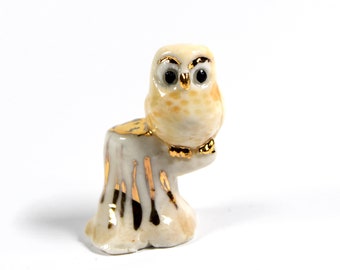 Miniature ceramic owl figurine with 24k gold trim, hand sculpted by Anita Reay bird