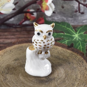 Miniature ceramic owl figurine with 24k gold trim, hand sculpted by Anita Reay bird image 3