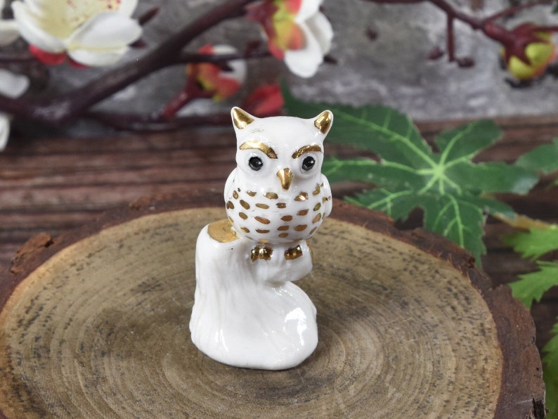 Miniature ceramic owl figurine with 24k gold trim, hand sculpted by Anita Reay bird image 3