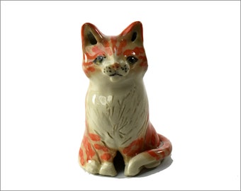 ginger cat pie bird ceramic one of a kind hand crafted by Anita Reay AnitaReayArt piebird ceramic orange tabby cat figurine