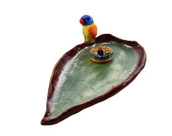 ceramic Rainbow Lorikeet figurine tea bag holder ceramic leaf dish bird figurine Australian pottery by Anita Reay AnitaReayArt teabag holder