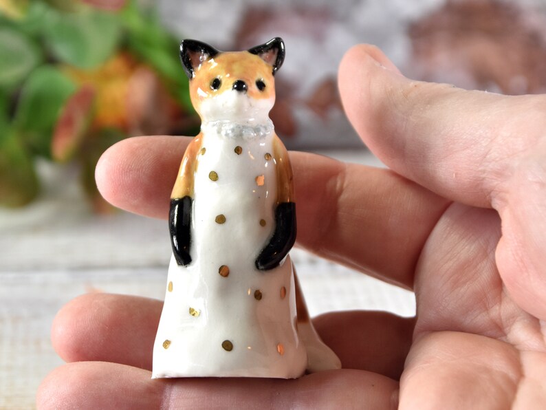 Little red fox figurine wearing a white dress with gold spots ceramic figurine sculpture ooak fox totem image 10