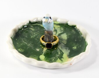 tiny ceramic porcelain blue budgie on a green and white trinket dish / trinket dish Anita Reay ring dish, teabag holder budgerigar