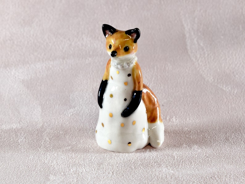 Little red fox figurine wearing a white dress with gold spots ceramic figurine sculpture ooak fox totem image 2