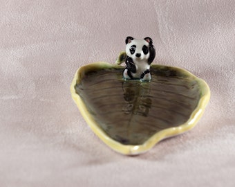 ceramic waving Panda on leaf trinket dish sweet dish ooak jewellery dish ring dish or teaspoon dish keys leaf dish - porcelain