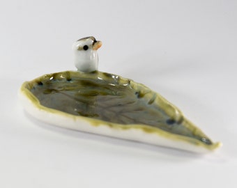 ceramic kookaburra figurine tea bag holder ceramic leaf dish bird figurine Australian pottery by Anita Reay teabag holder.