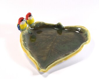 ceramic Eastern Rosella figurine tea bag holder ceramic leaf dish bird figurine Australian pottery by Anita Reay AnitaReayArt teabag holder