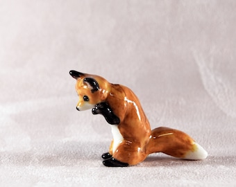 Porcelain Miniature ceramic red fox figurine hand crafted miniature fox totem pouncing fox