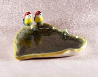 ceramic Eastern Rosella figurine tea bag holder ceramic leaf dish bird figurine Australian pottery by Anita Reay AnitaReayArt teabag holder