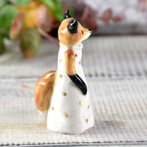 Little red fox figurine wearing a white dress with gold spots ceramic figurine sculpture ooak fox totem image 7