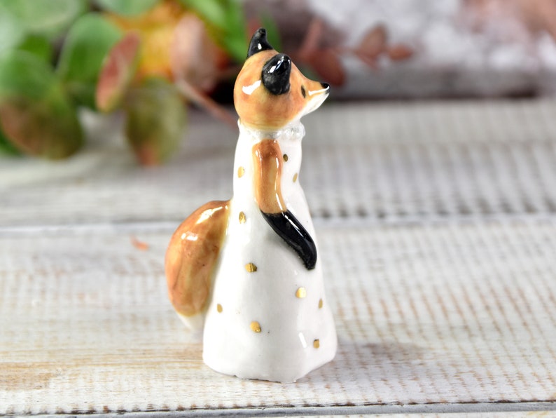 Little red fox figurine wearing a white dress with gold spots ceramic figurine sculpture ooak fox totem image 7
