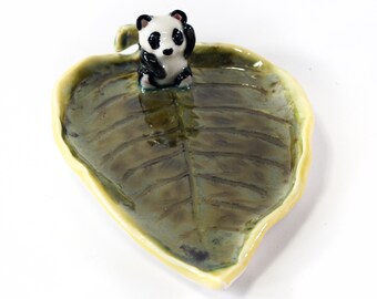 ceramic waving Panda on leaf trinket dish sweet dish ooak jewellery dish ring dish or teaspoon dish keys leaf dish - porcelain