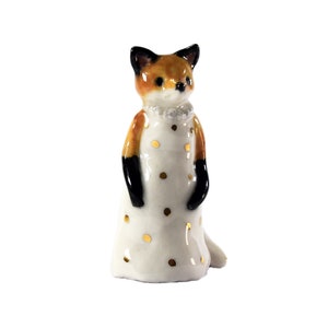 Little red fox figurine wearing a white dress with gold spots ceramic figurine sculpture ooak fox totem image 5