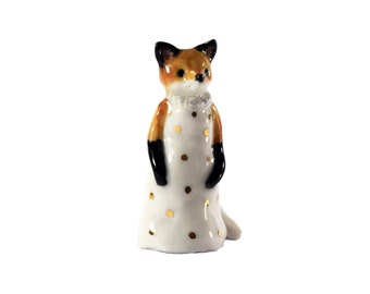 Little red fox figurine wearing a white dress with gold spots ceramic figurine sculpture ooak fox totem