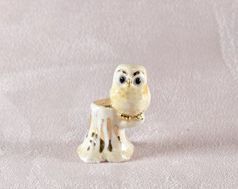 Miniature ceramic owl figurine with 24k gold trim, hand sculpted by Anita Reay bird