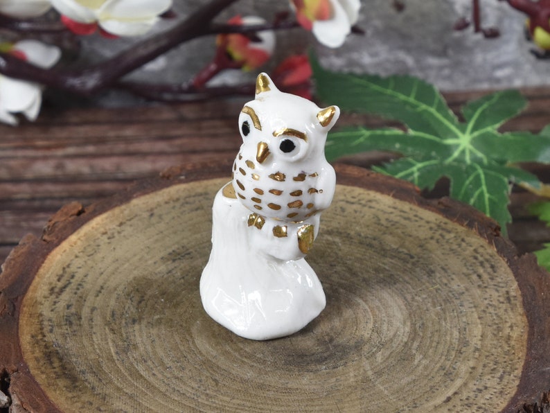 Miniature ceramic owl figurine with 24k gold trim, hand sculpted by Anita Reay bird image 5