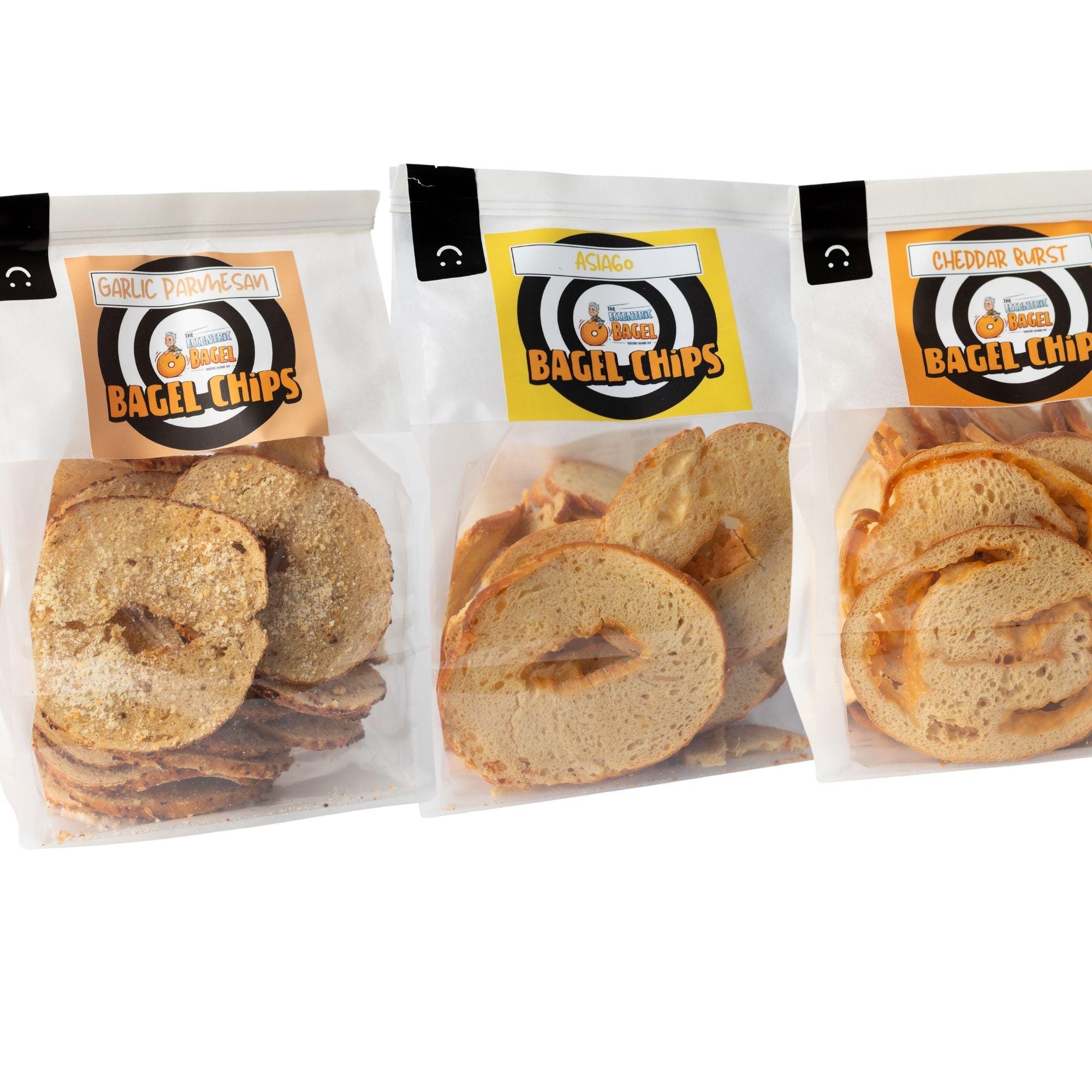 Cheese Bagel Chips 3-pack – Asiago, Garlic Parmesan, Cheddar
