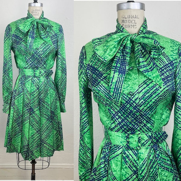 Vintage 1970s Preppy Chic Belted Shirt Dress Scarf Print Green Blue Plaid/ 70s Mod Pleated Dress with Bow M