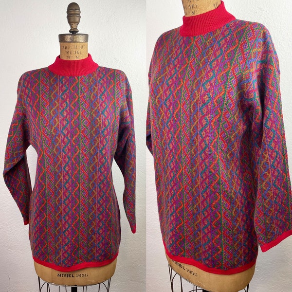 Vintage 1980s Kenzo Paris Patterned Knit Red Multi Pullover Mock Neck Sweater/ 80s Kenzo Sweater M
