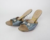 Vintage 50s Powder Blue Satin Lucite Heel Spring-o-lator Mules with Rhinestones Size 8
