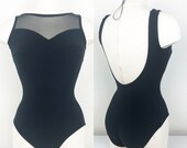 Vintage 70s Mod Roxanne Black Ribbed Maillot Swimsuit Bathing Suit 32D