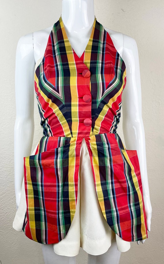 Sweet Vintage 1940s Red Plaid Playsuit with Giant… - image 2